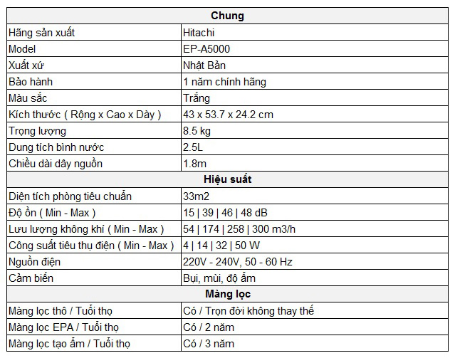 Máy lọc không khí và tạo ẩm Hitachi EP-A5000